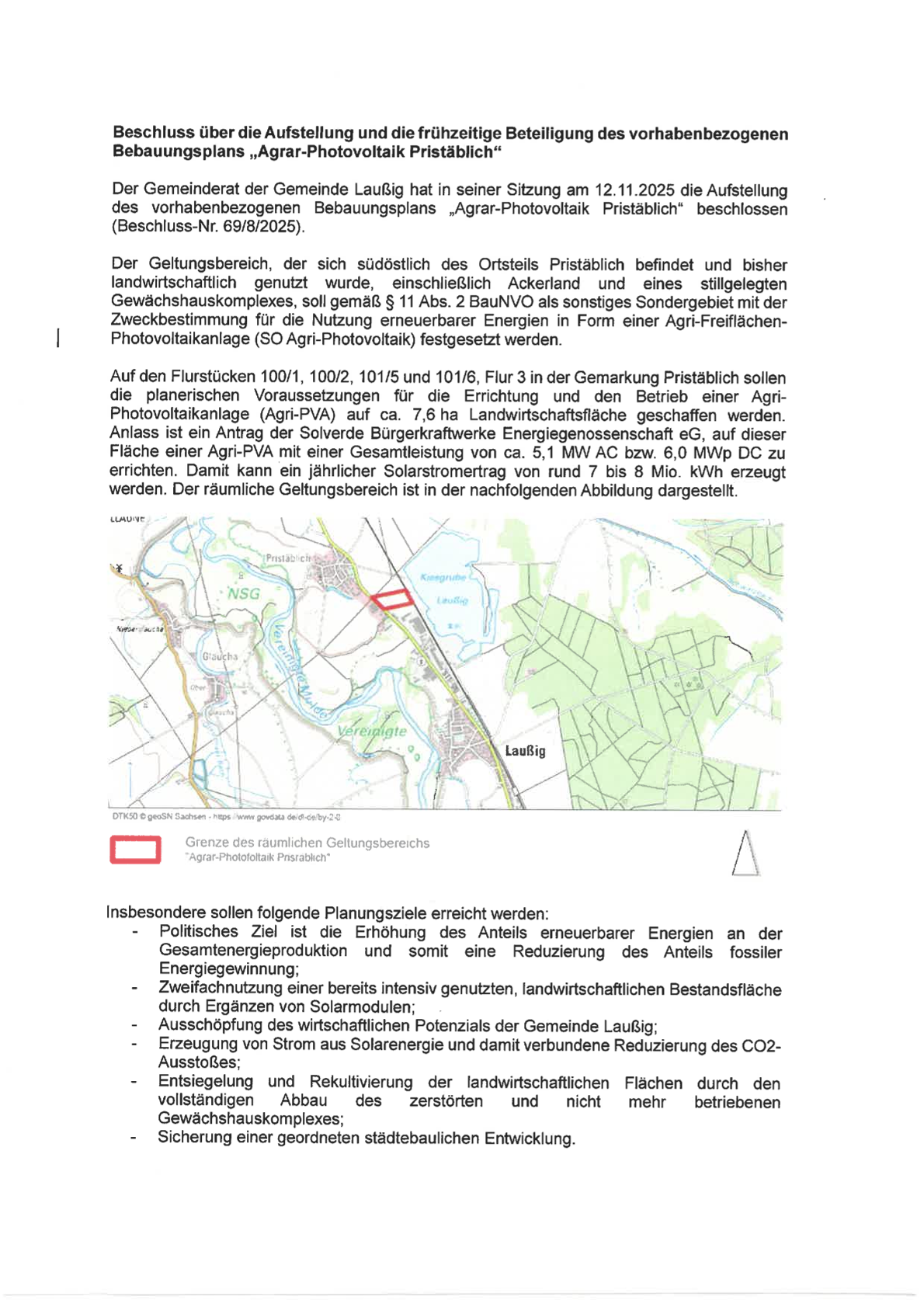 Beschluss über die Aufstellung und die frühzeitige Beteiligung des vorhabenbezogenen Bebauungsplans „Agrar-Photovoltaik Pristäblich" - Seite 1 Beschluss über die Aufstellung und die frühzeitige Beteiligung des vorhabenbezogenen Bebauungsplans „Agrar-Photovoltaik Pristäblich" - Seite 1